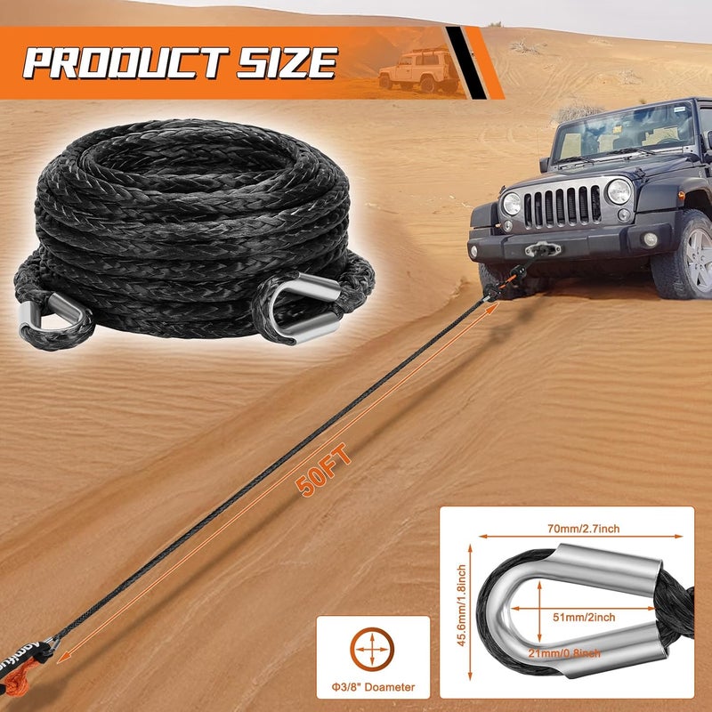 Aomifunny Synthetic Winch Rope Extension, 3/8Inch x 50Ft 26500 Lbs Winch Extension Cable Replacement Tow Ropes Line for Off Road Vehicle ATV UTV Truck SUV Jeep (Black) - Image 3